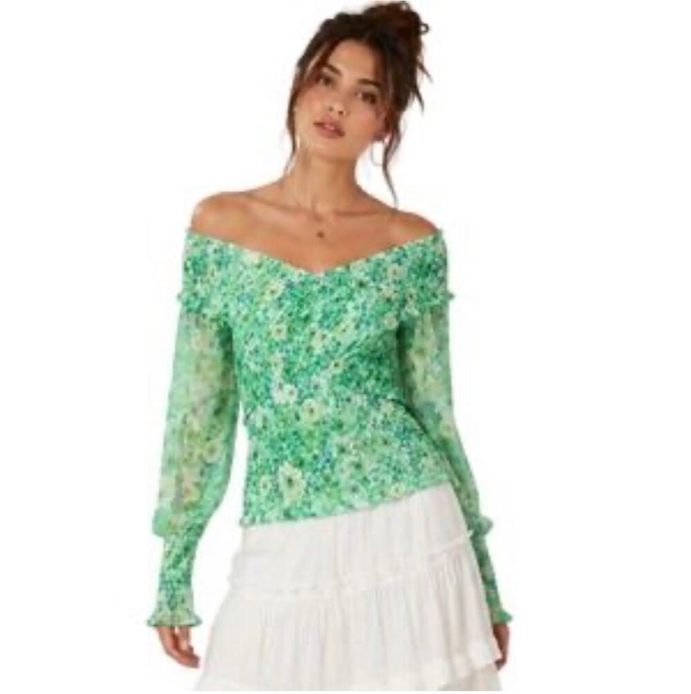 Steve Madden Wrapped Up In You Green Floral Off Shoulder Smocked Y2K Size Medium